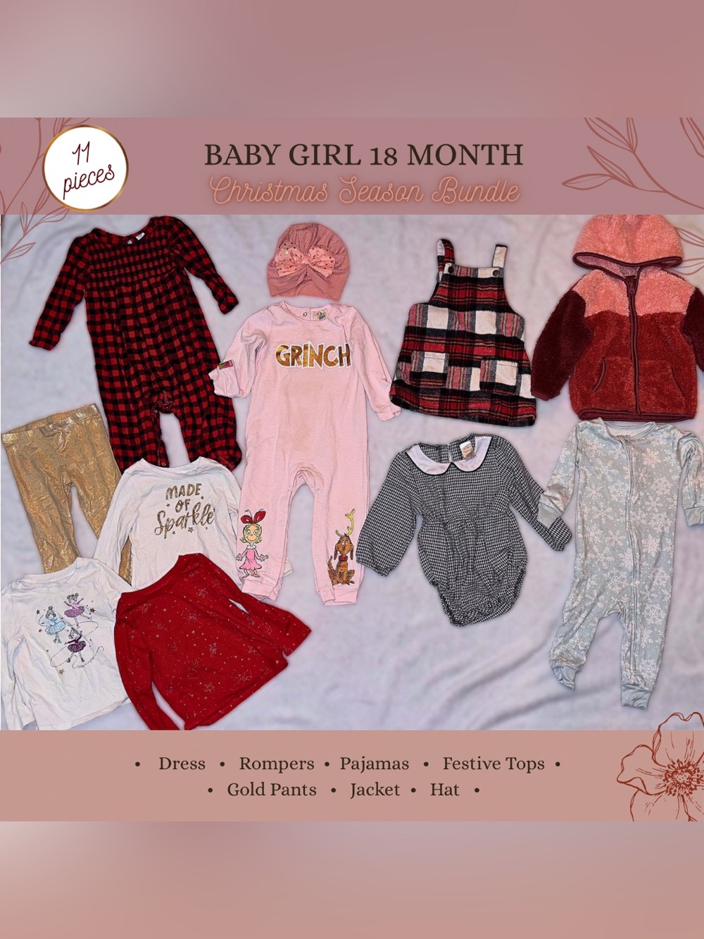 18 Month Baby Girl Holiday Layette - Pink Grinch Romper + Plaid Dress